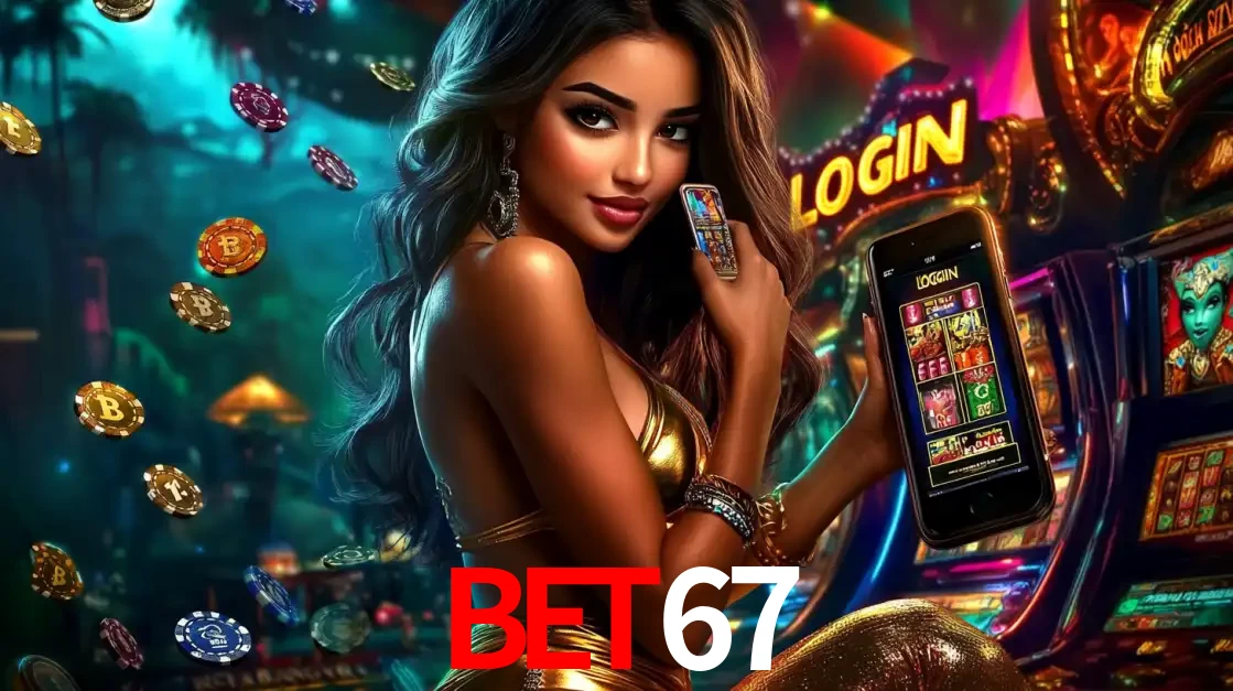 Mulher em um cenário de cassino temático de aventura, mostrando o app de caça-níqueis da BET67 no celular. Fichas de apostas flutuam ao redor.