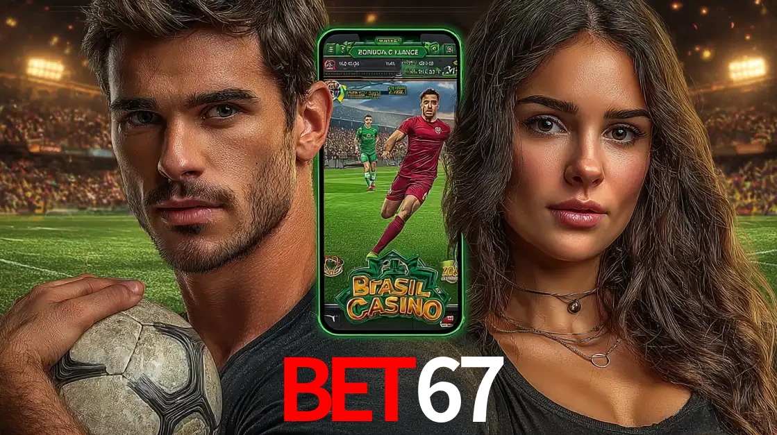 Homem segurando uma bola de futebol e uma mulher ao lado de um smartphone exibindo o jogo de apostas esportivas da BET67. Faça seu palpite no cassino online.